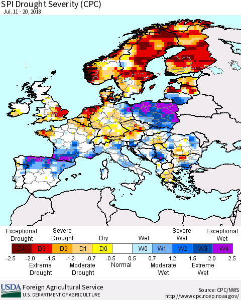 Europe SPI Drought Severity (CPC) Thematic Map For 7/11/2018 - 7/20/2018