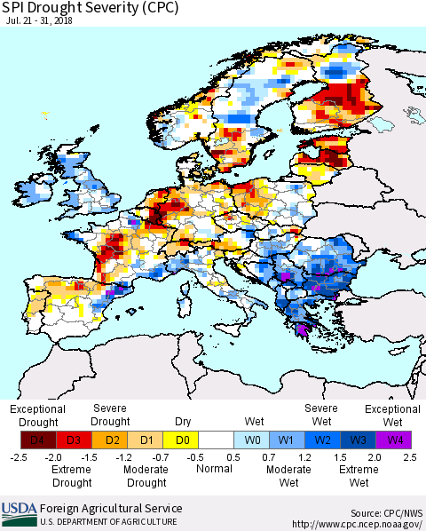 Europe SPI Drought Severity (CPC) Thematic Map For 7/21/2018 - 7/31/2018