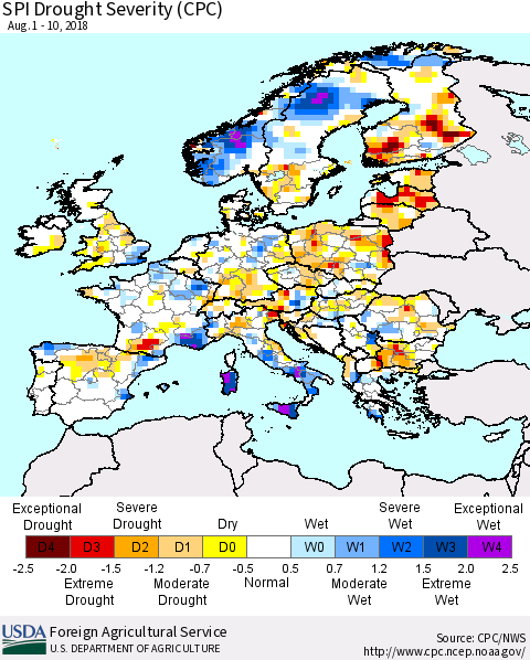 Europe SPI Drought Severity (CPC) Thematic Map For 8/1/2018 - 8/10/2018