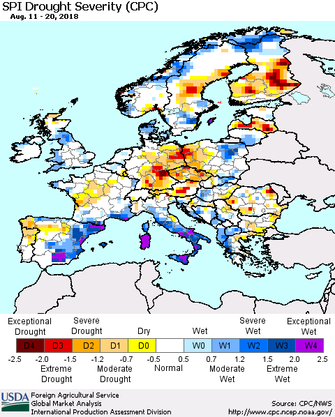 Europe SPI Drought Severity (CPC) Thematic Map For 8/11/2018 - 8/20/2018