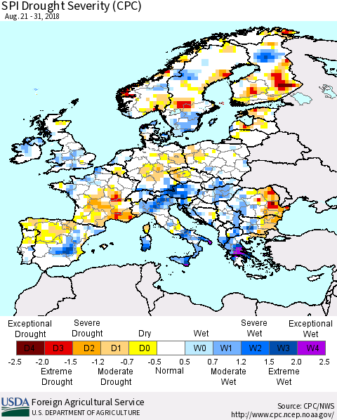 Europe SPI Drought Severity (CPC) Thematic Map For 8/21/2018 - 8/31/2018