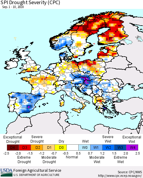 Europe SPI Drought Severity (CPC) Thematic Map For 9/1/2018 - 9/10/2018