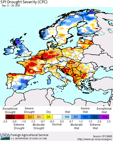 Europe SPI Drought Severity (CPC) Thematic Map For 9/11/2018 - 9/20/2018