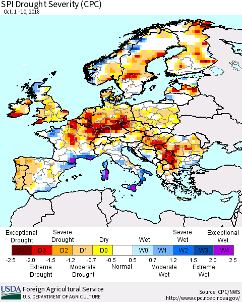 Europe SPI Drought Severity (CPC) Thematic Map For 10/1/2018 - 10/10/2018