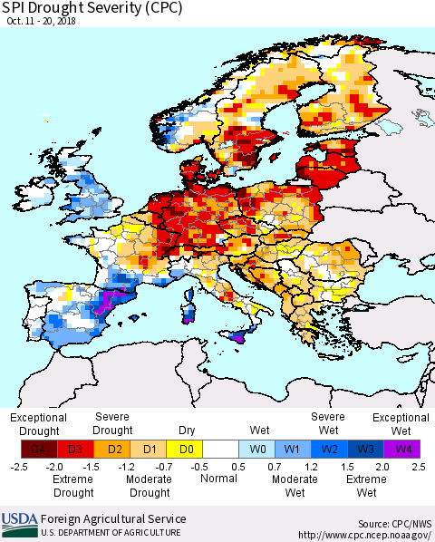 Europe SPI Drought Severity (CPC) Thematic Map For 10/11/2018 - 10/20/2018
