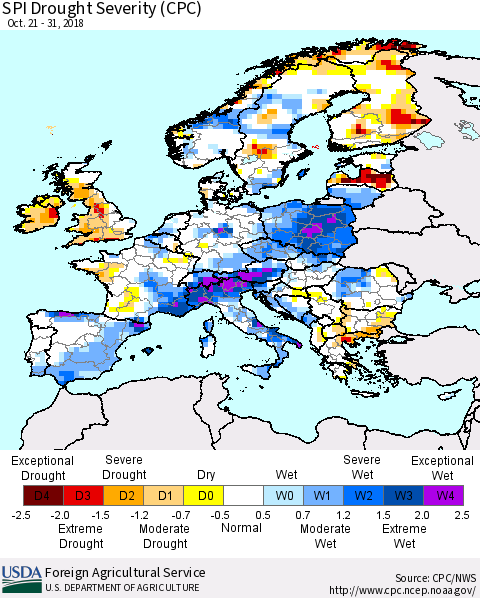 Europe SPI Drought Severity (CPC) Thematic Map For 10/21/2018 - 10/31/2018