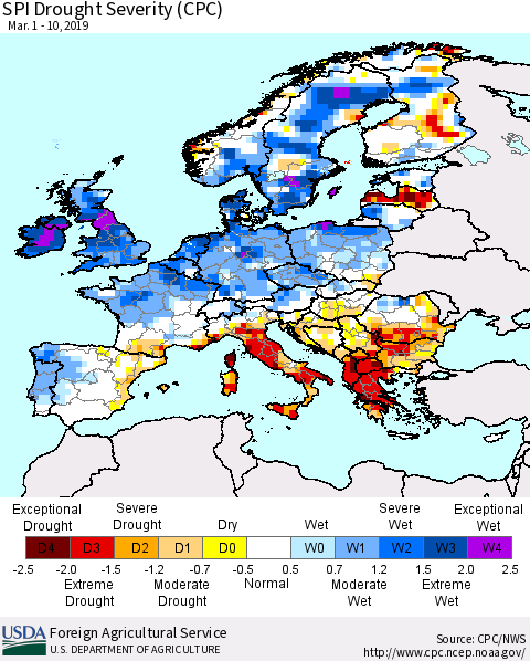 Europe SPI Drought Severity (CPC) Thematic Map For 3/1/2019 - 3/10/2019