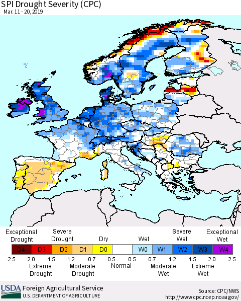Europe SPI Drought Severity (CPC) Thematic Map For 3/11/2019 - 3/20/2019
