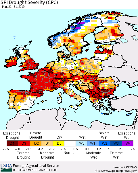 Europe SPI Drought Severity (CPC) Thematic Map For 3/21/2019 - 3/31/2019