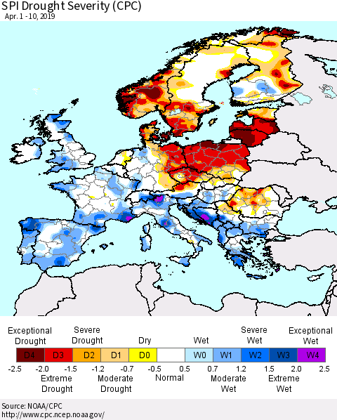 Europe SPI Drought Severity (CPC) Thematic Map For 4/1/2019 - 4/10/2019