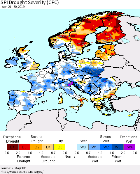 Europe SPI Drought Severity (CPC) Thematic Map For 4/21/2019 - 4/30/2019