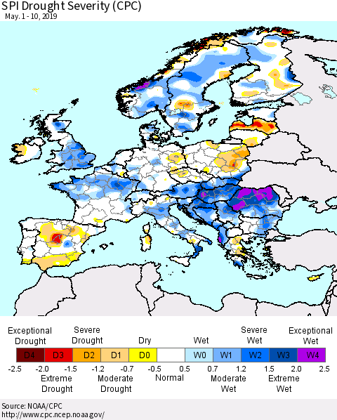 Europe SPI Drought Severity (CPC) Thematic Map For 5/1/2019 - 5/10/2019
