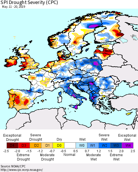 Europe SPI Drought Severity (CPC) Thematic Map For 5/11/2019 - 5/20/2019