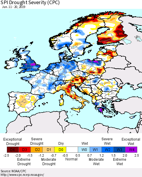 Europe SPI Drought Severity (CPC) Thematic Map For 6/11/2019 - 6/20/2019