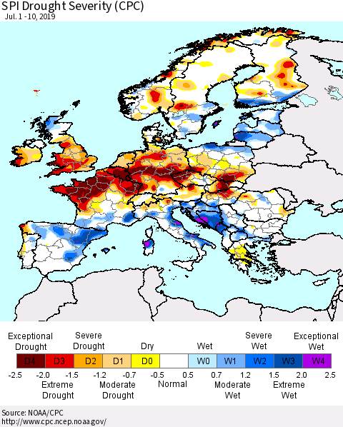 Europe SPI Drought Severity (CPC) Thematic Map For 7/1/2019 - 7/10/2019
