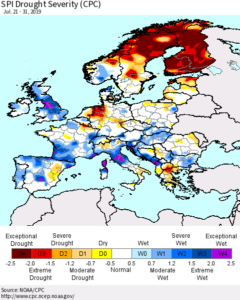 Europe SPI Drought Severity (CPC) Thematic Map For 7/21/2019 - 7/31/2019