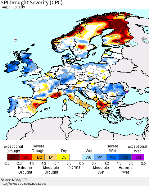 Europe SPI Drought Severity (CPC) Thematic Map For 8/1/2019 - 8/10/2019