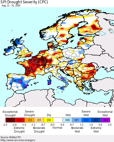 Europe SPI Drought Severity (CPC) Thematic Map For 8/21/2019 - 8/31/2019