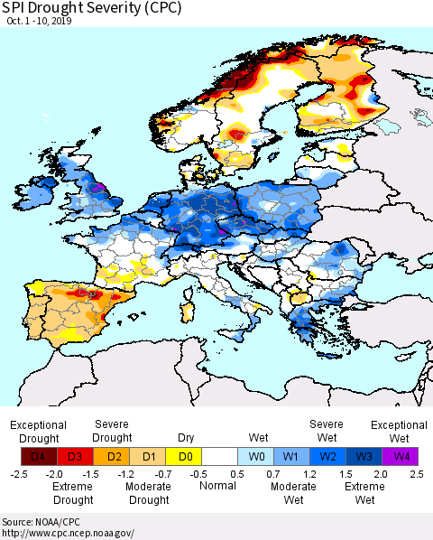 Europe SPI Drought Severity (CPC) Thematic Map For 10/1/2019 - 10/10/2019