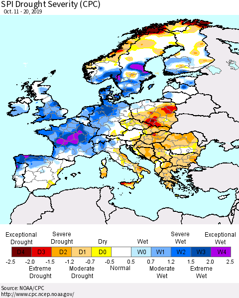 Europe SPI Drought Severity (CPC) Thematic Map For 10/11/2019 - 10/20/2019