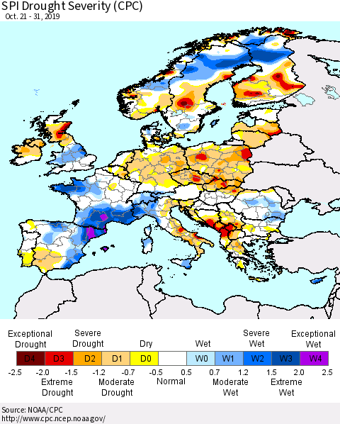 Europe SPI Drought Severity (CPC) Thematic Map For 10/21/2019 - 10/31/2019