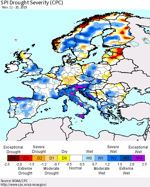 Europe SPI Drought Severity (CPC) Thematic Map For 11/11/2019 - 11/20/2019