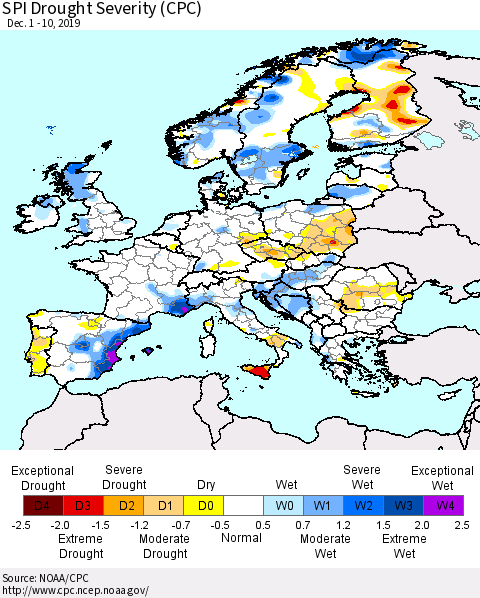 Europe SPI Drought Severity (CPC) Thematic Map For 12/1/2019 - 12/10/2019