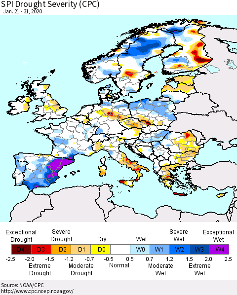Europe SPI Drought Severity (CPC) Thematic Map For 1/21/2020 - 1/31/2020