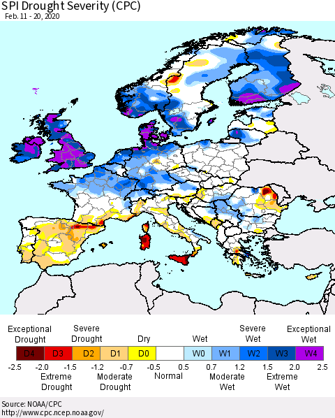 Europe SPI Drought Severity (CPC) Thematic Map For 2/11/2020 - 2/20/2020
