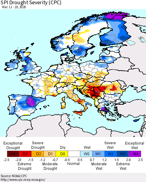 Europe SPI Drought Severity (CPC) Thematic Map For 3/11/2020 - 3/20/2020