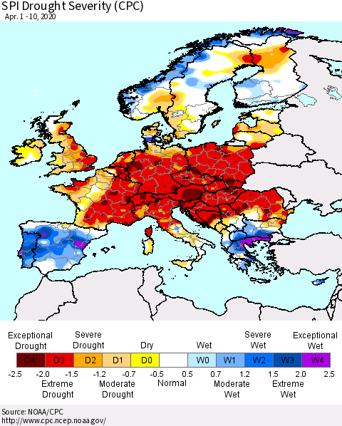 Europe SPI Drought Severity (CPC) Thematic Map For 4/1/2020 - 4/10/2020