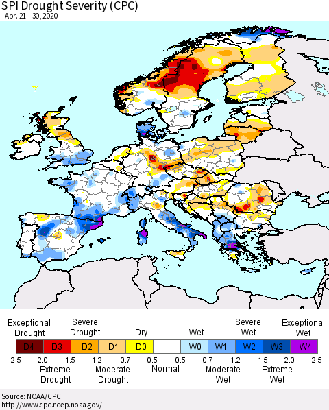 Europe SPI Drought Severity (CPC) Thematic Map For 4/21/2020 - 4/30/2020