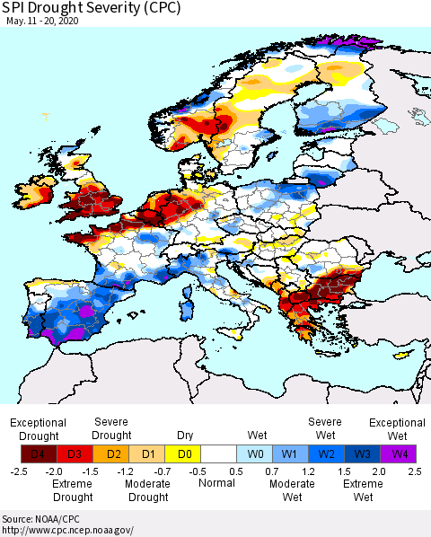 Europe SPI Drought Severity (CPC) Thematic Map For 5/11/2020 - 5/20/2020