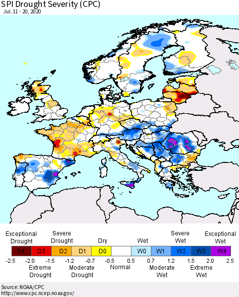 Europe SPI Drought Severity (CPC) Thematic Map For 7/11/2020 - 7/20/2020