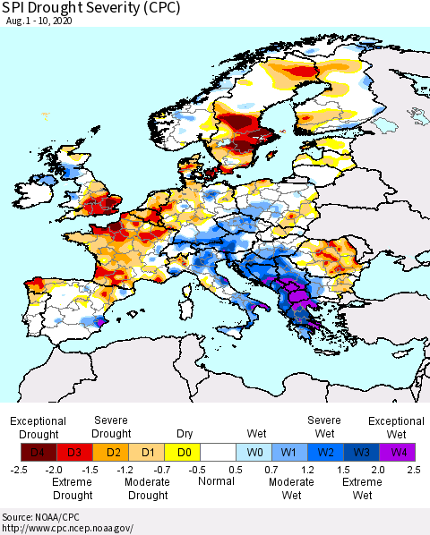 Europe SPI Drought Severity (CPC) Thematic Map For 8/1/2020 - 8/10/2020