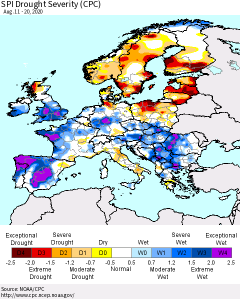 Europe SPI Drought Severity (CPC) Thematic Map For 8/11/2020 - 8/20/2020