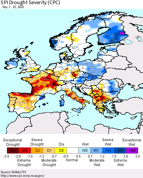Europe SPI Drought Severity (CPC) Thematic Map For 9/1/2020 - 9/10/2020