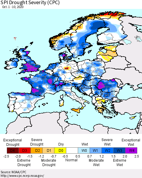 Europe SPI Drought Severity (CPC) Thematic Map For 10/1/2020 - 10/10/2020