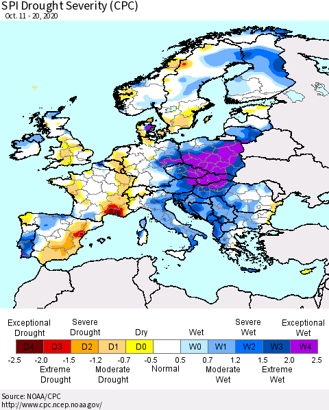 Europe SPI Drought Severity (CPC) Thematic Map For 10/11/2020 - 10/20/2020