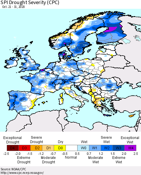 Europe SPI Drought Severity (CPC) Thematic Map For 10/21/2020 - 10/31/2020