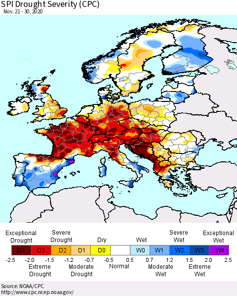 Europe SPI Drought Severity (CPC) Thematic Map For 11/21/2020 - 11/30/2020