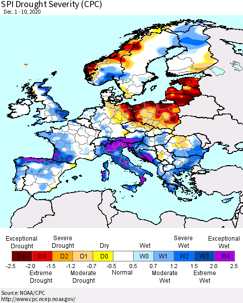 Europe SPI Drought Severity (CPC) Thematic Map For 12/1/2020 - 12/10/2020