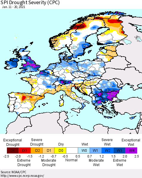 Europe SPI Drought Severity (CPC) Thematic Map For 1/11/2021 - 1/20/2021