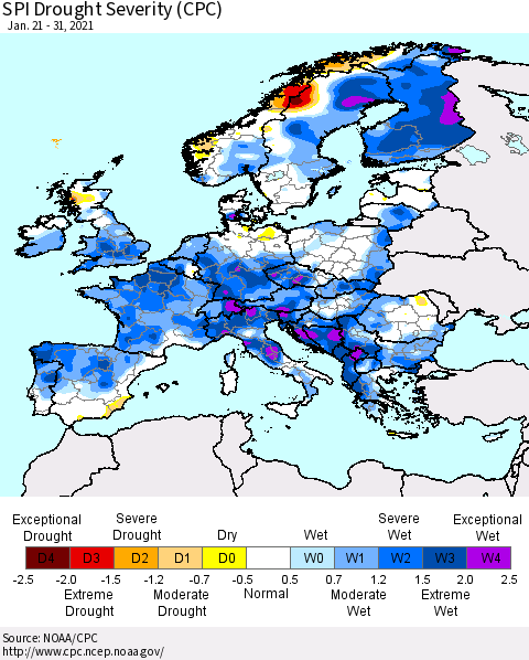 Europe SPI Drought Severity (CPC) Thematic Map For 1/21/2021 - 1/31/2021