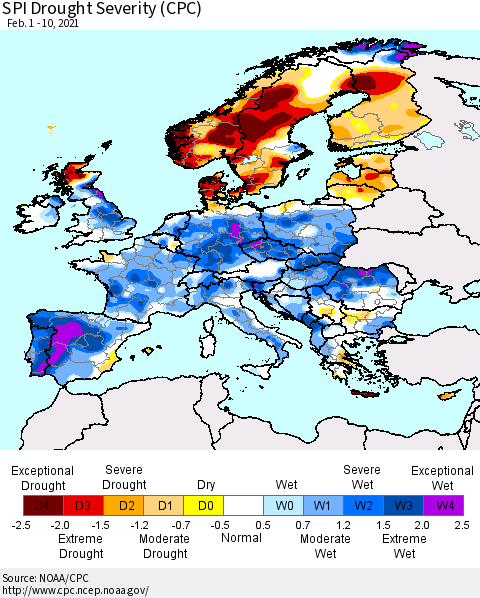 Europe SPI Drought Severity (CPC) Thematic Map For 2/1/2021 - 2/10/2021