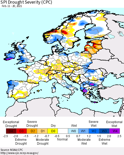Europe SPI Drought Severity (CPC) Thematic Map For 2/11/2021 - 2/20/2021