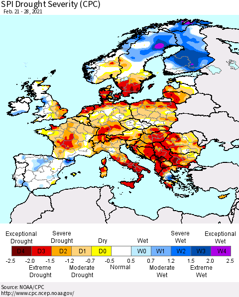 Europe SPI Drought Severity (CPC) Thematic Map For 2/21/2021 - 2/28/2021