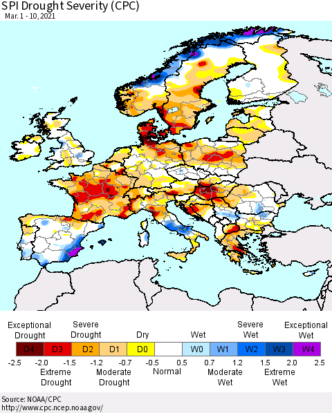 Europe SPI Drought Severity (CPC) Thematic Map For 3/1/2021 - 3/10/2021