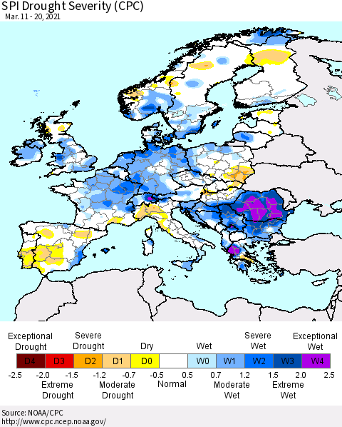 Europe SPI Drought Severity (CPC) Thematic Map For 3/11/2021 - 3/20/2021