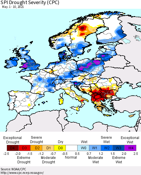 Europe SPI Drought Severity (CPC) Thematic Map For 5/1/2021 - 5/10/2021